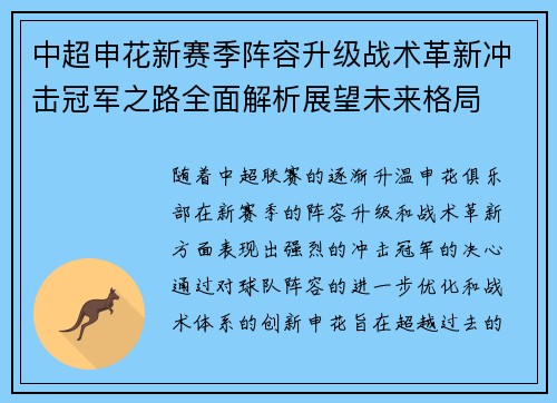 中超申花新赛季阵容升级战术革新冲击冠军之路全面解析展望未来格局